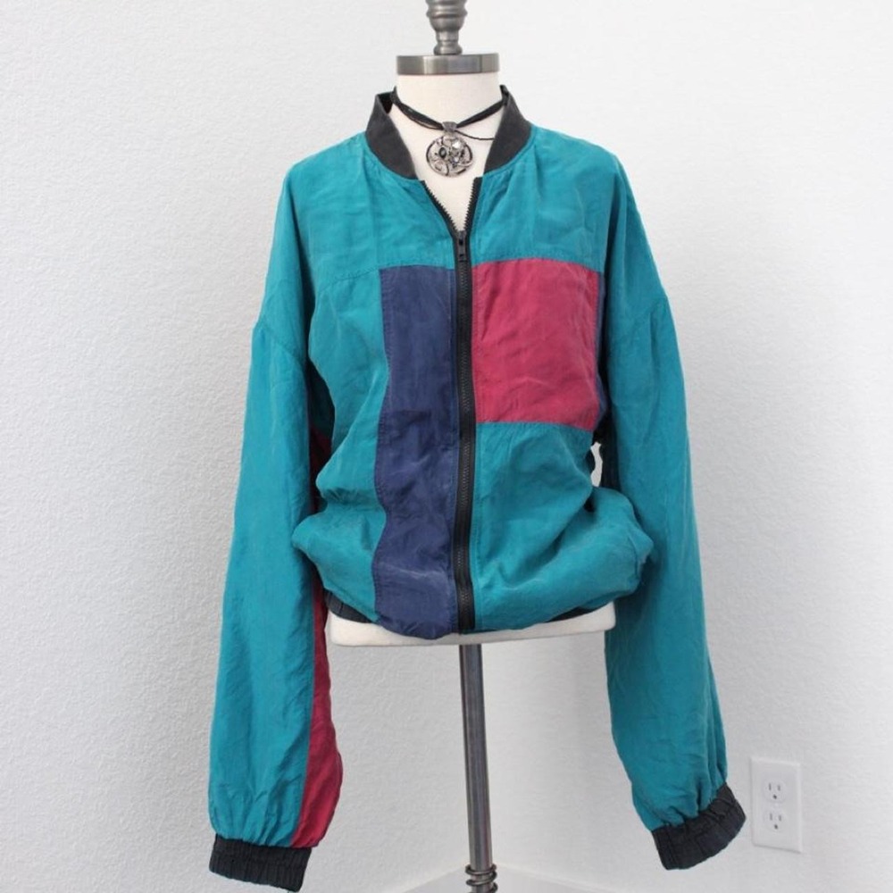 Vintage 90's Silk Teal and Pink Windbreaker bomber jacket